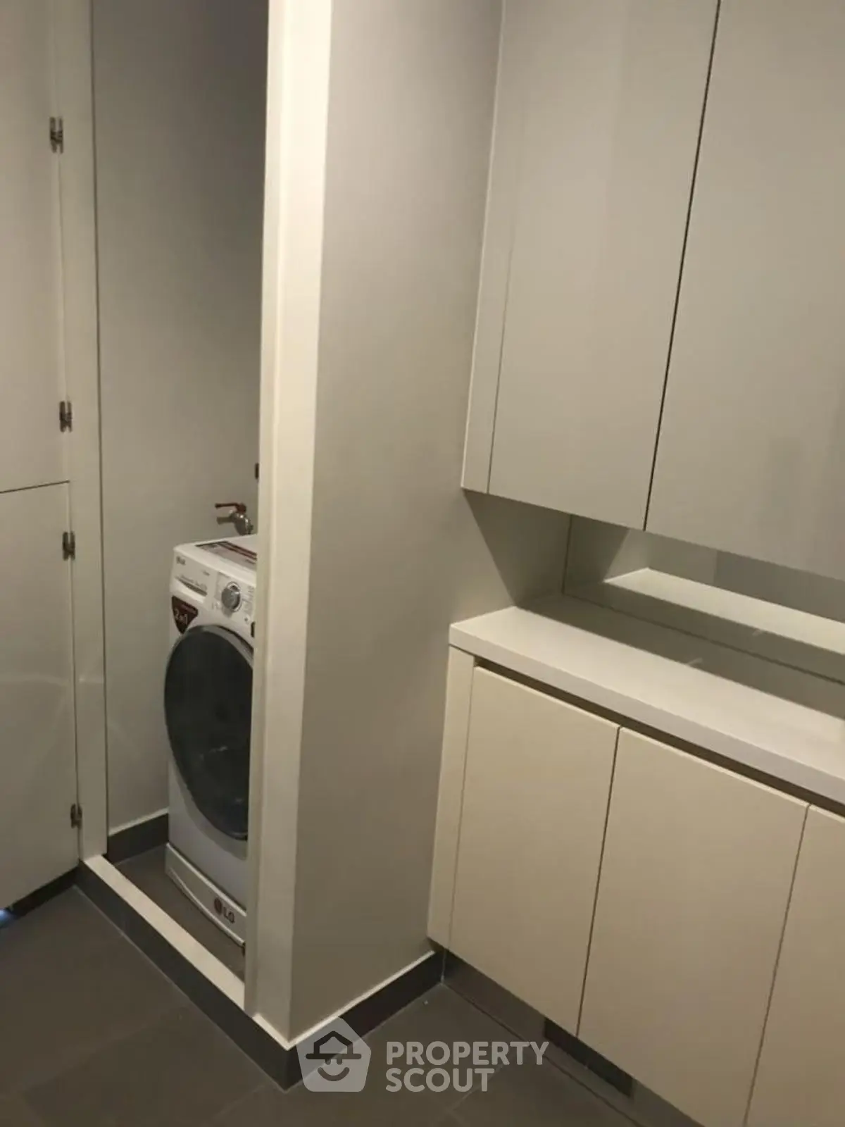 Modern laundry area with sleek cabinetry and washing machine