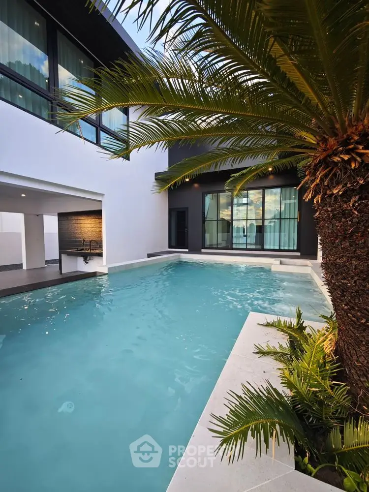 Luxurious modern home with private pool and palm tree, perfect for relaxation and entertainment.