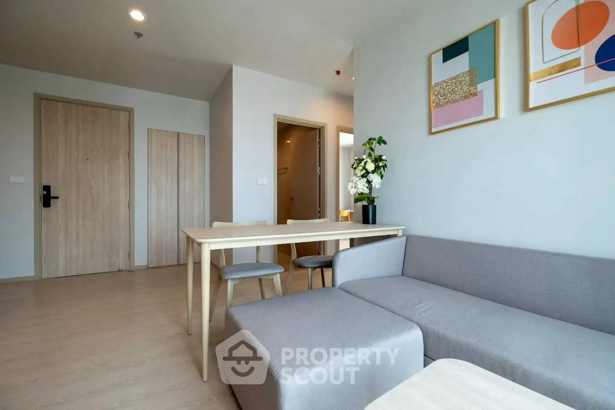 Modern living room with stylish decor and cozy seating area