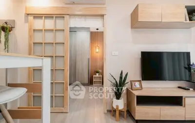 Modern living room with sliding door and stylish decor