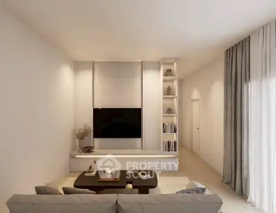 Modern living room with sleek design, featuring a wall-mounted TV and elegant shelving.