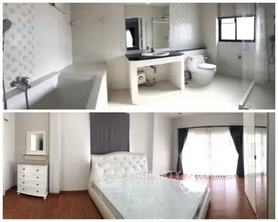 Spacious bedroom with elegant decor and modern bathroom featuring a bathtub and shower.