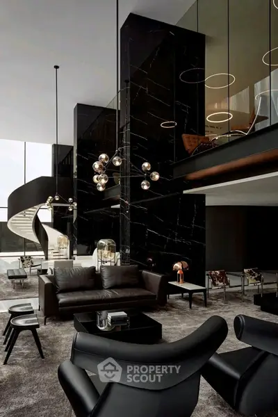 Luxurious modern living room with sleek black furniture and stunning spiral staircase