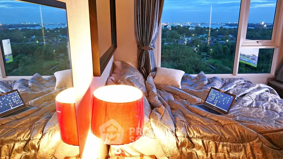 Luxurious bedroom with stunning city view and elegant decor