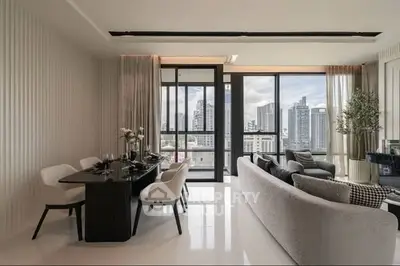 Luxurious modern living room with city view, elegant dining area, and stylish decor in high-rise apartment.