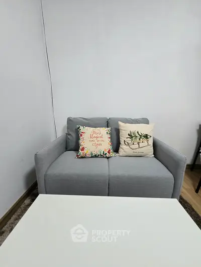 Cozy living room with stylish gray sofa and decorative cushions