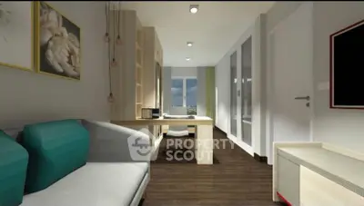 Modern living room with stylish decor and large windows offering natural light and a view.