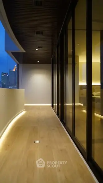 Luxurious modern balcony with stunning city view and elegant lighting