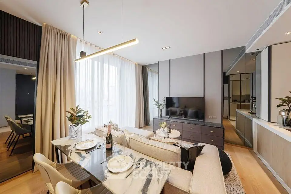 Luxurious modern living room with elegant dining area and stylish decor