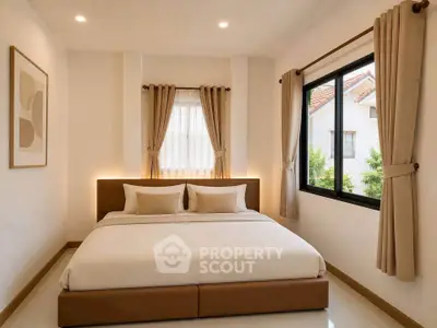 Cozy bedroom with large bed, elegant curtains, and natural light from window.
