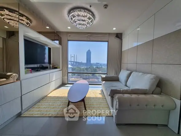 Luxurious living room with stunning city view and elegant decor