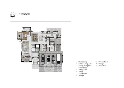 First floor plan with car parking, living areas, dining, kitchen, and storage.