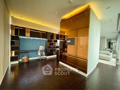 Luxurious modern living room with sleek design and built-in shelving, perfect for stylish urban living.
