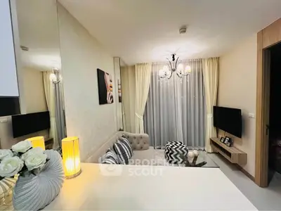 Elegant living room with modern decor, cozy sofa, and ambient lighting in a stylish apartment.