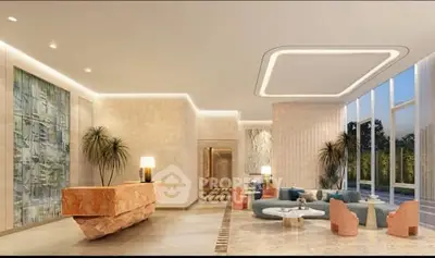 Luxurious modern living room with elegant decor and large windows