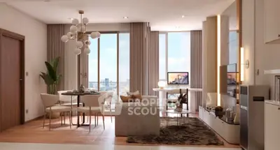 Luxurious modern living room with elegant decor and stunning city view, featuring stylish furniture and natural light.