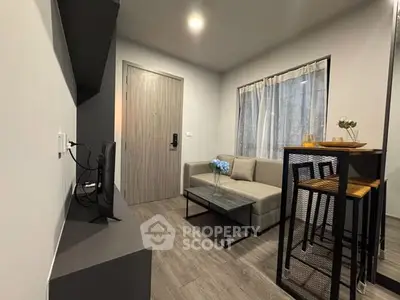 Modern living room with cozy sofa and stylish decor