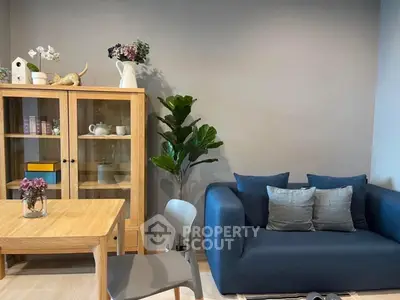 Cozy living room with modern blue sofa and wooden furniture