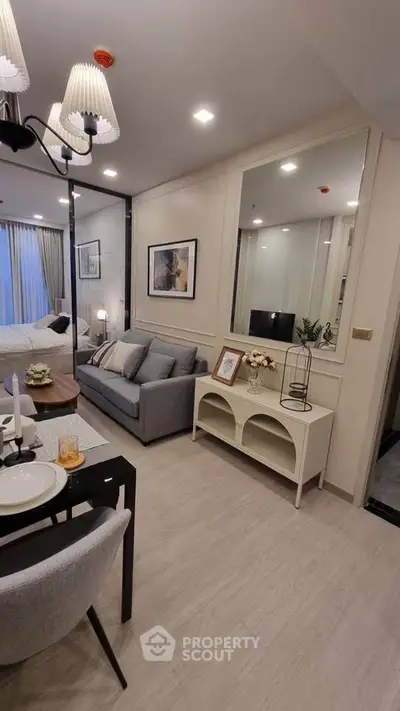 Modern living room with elegant decor and cozy seating area