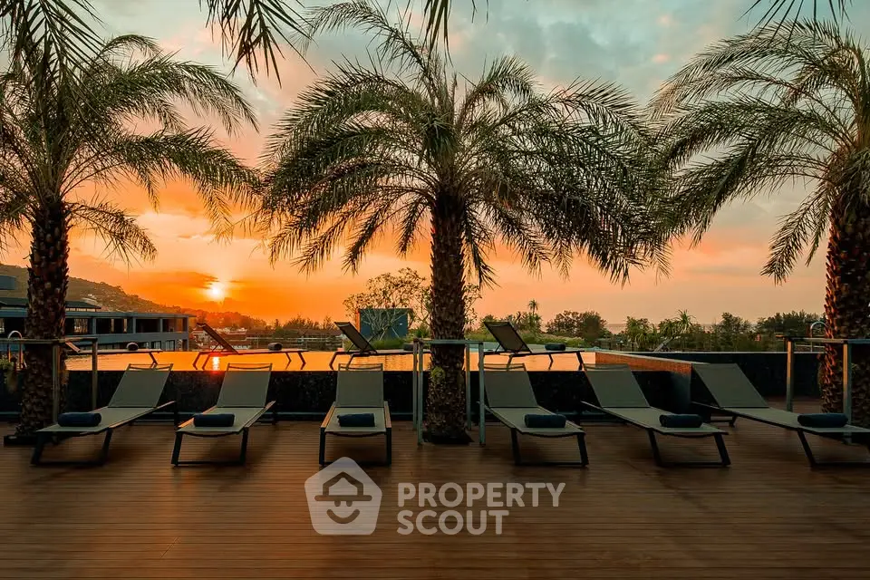 Luxurious rooftop pool area with palm trees and sunset view, perfect for relaxation.
