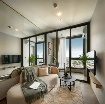 Modern living room with city view, stylish furniture, and floor-to-ceiling windows in a high-rise apartment.