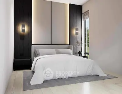 Modern minimalist bedroom with elegant lighting and large window view.