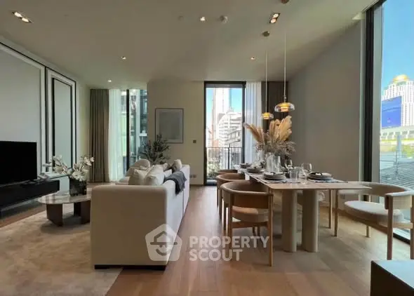 Luxurious modern living room with elegant dining area and city view