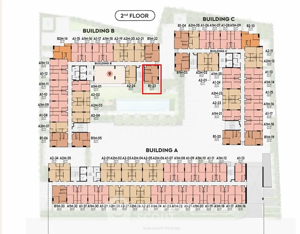 Detailed 2nd floor plan of residential complex with labeled units and buildings.