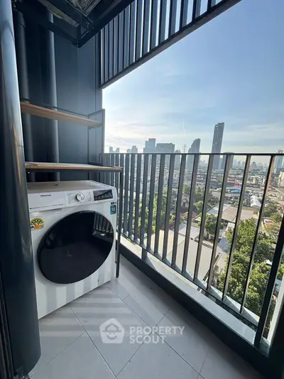 Modern balcony with washing machine and stunning city skyline view