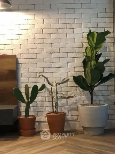 Stylish interior with potted plants against a chic white brick wall, enhancing modern home decor.