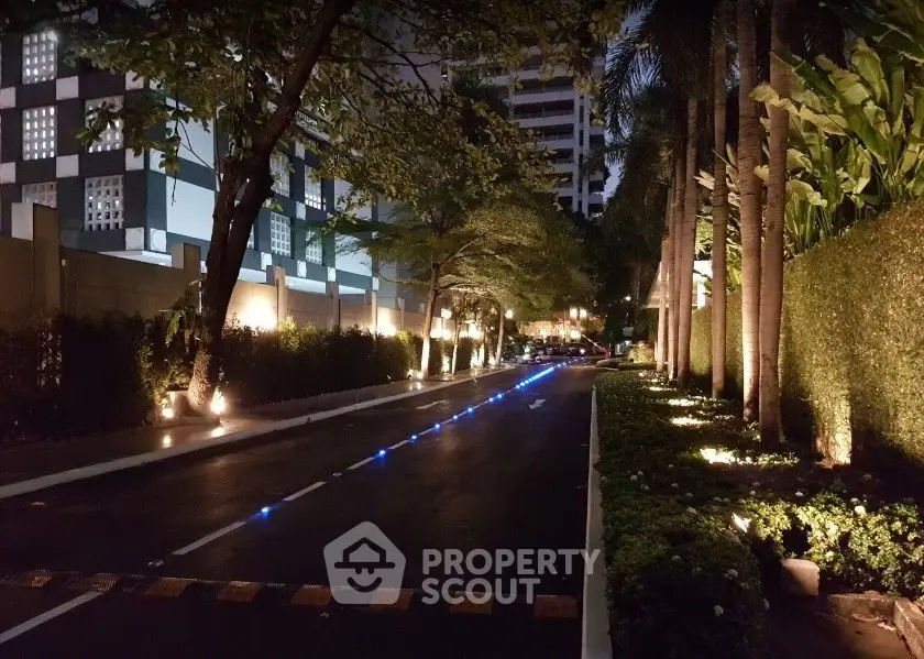 Luxurious nighttime driveway with ambient lighting and lush greenery in an upscale residential area.