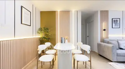 Modern living room with stylish decor and elegant dining area