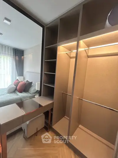 Modern bedroom with walk-in closet and stylish decor