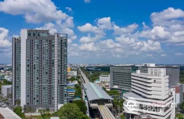 Stunning cityscape view with modern high-rise buildings and clear blue sky