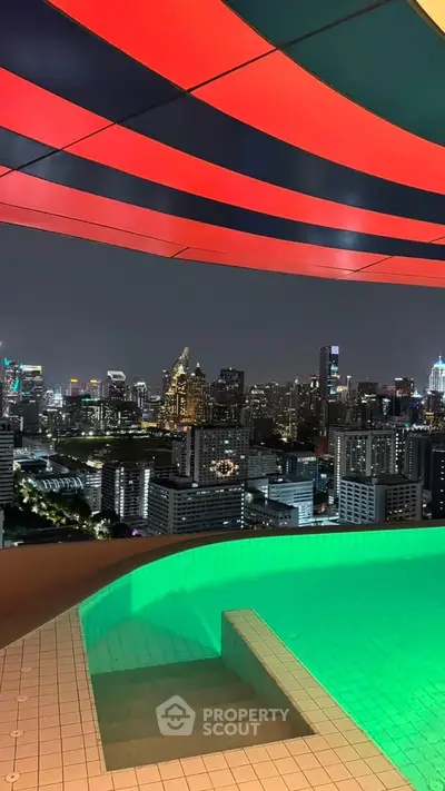 Stunning rooftop pool with panoramic city skyline view at night, perfect for luxury urban living.