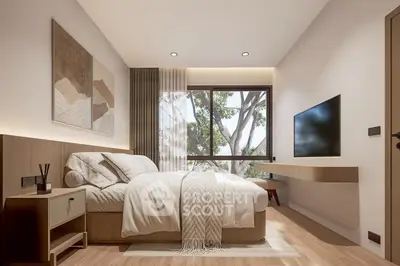 Modern bedroom with large window and stylish decor, featuring a wall-mounted TV and elegant artwork.