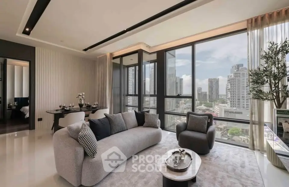 Luxurious modern living room with panoramic city views and elegant furnishings.