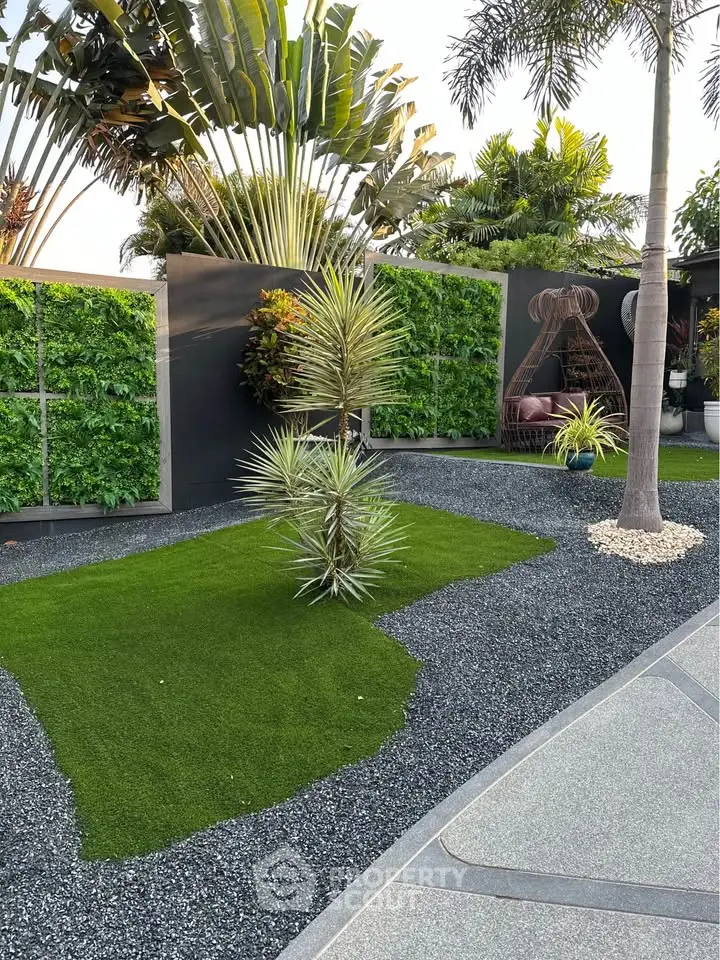 Luxurious modern garden with lush greenery and sleek landscaping design