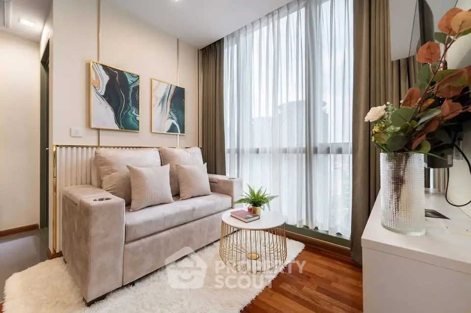 Stylish living room with modern decor and large window view