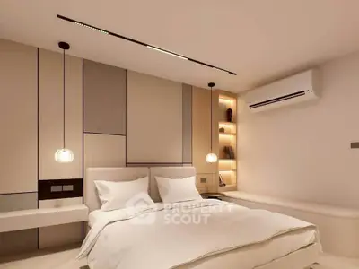 Luxurious modern bedroom with elegant lighting and stylish decor