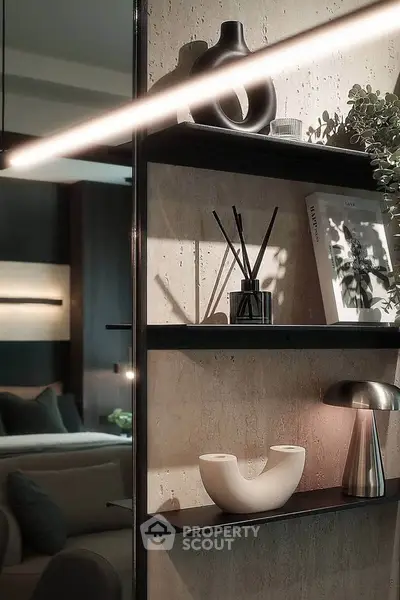 Stylish modern living room with elegant decor and ambient lighting