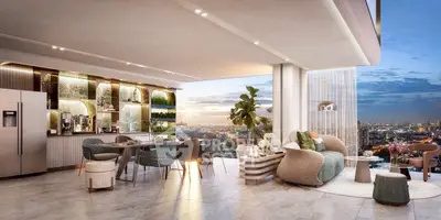 Luxurious open-plan living room with stunning city view, modern furniture, and elegant decor.