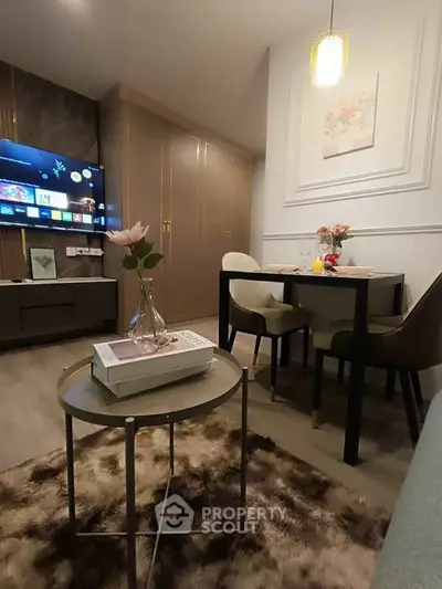 Stylish modern living room with elegant dining area and cozy decor