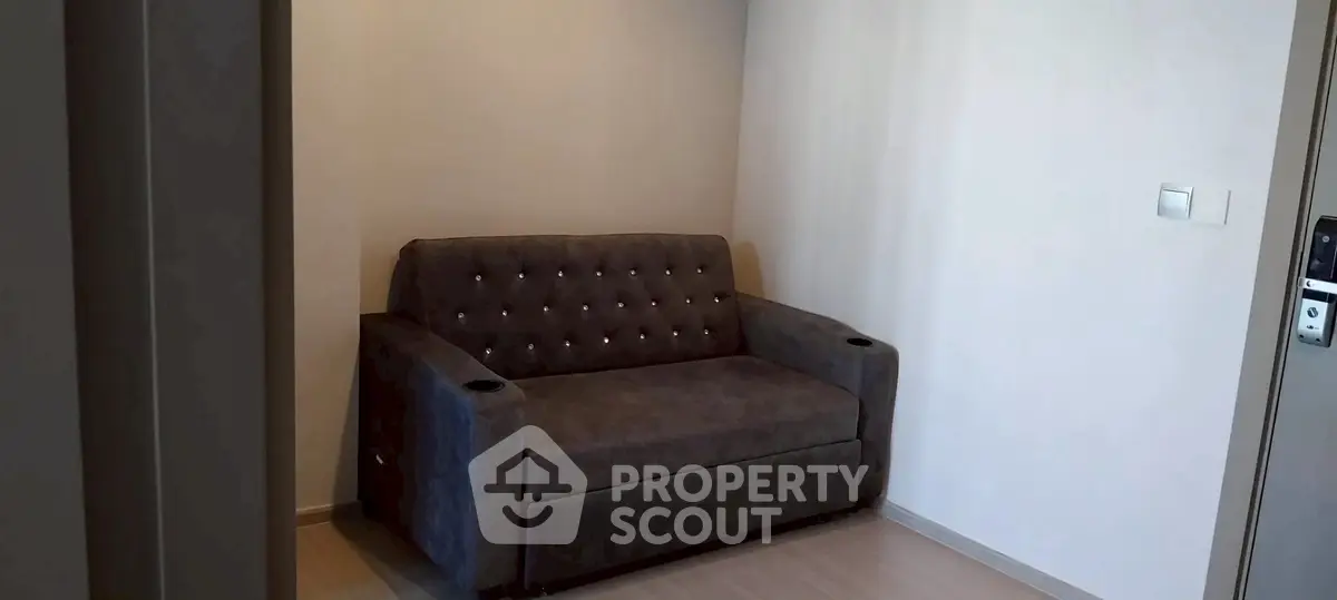 Cozy small living room with a stylish dark gray sofa and minimalist decor.