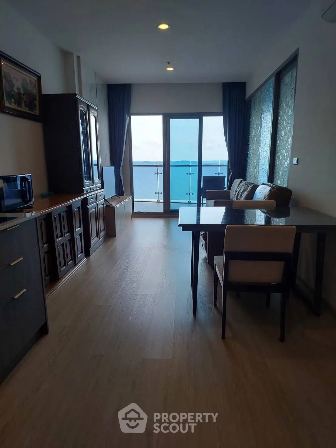 Stunning living room with ocean view and modern furnishings