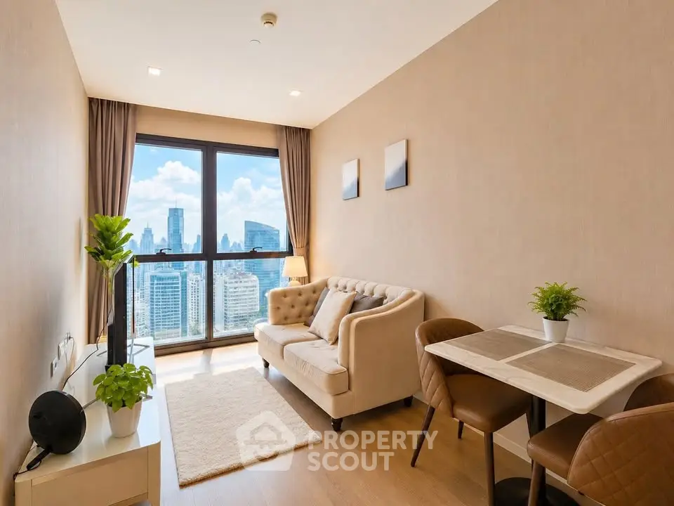 Modern living room with city view, elegant sofa, and dining area in a high-rise apartment.