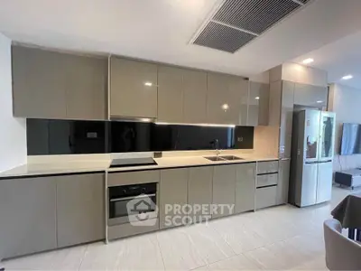 Modern kitchen with sleek cabinetry and built-in appliances in a contemporary apartment.