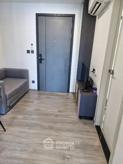Modern apartment entrance with sleek door and cozy living area
