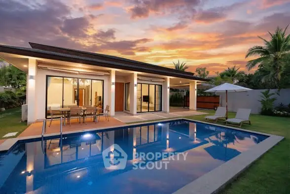 Luxurious modern villa with private pool and stunning sunset view, perfect for serene living.
