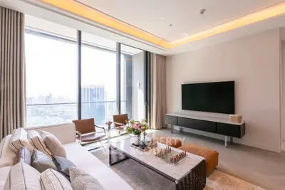 Luxurious living room with stunning city view and modern decor
